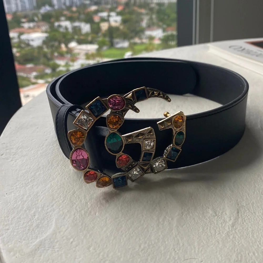 Gucci Black Belt with Colorful Gem Buckle - Picture 1 of 5